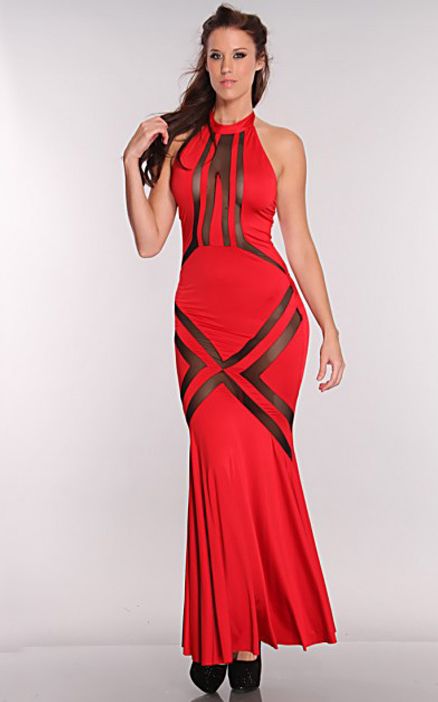 Red Black Mesh Cut Out Maxi Dress